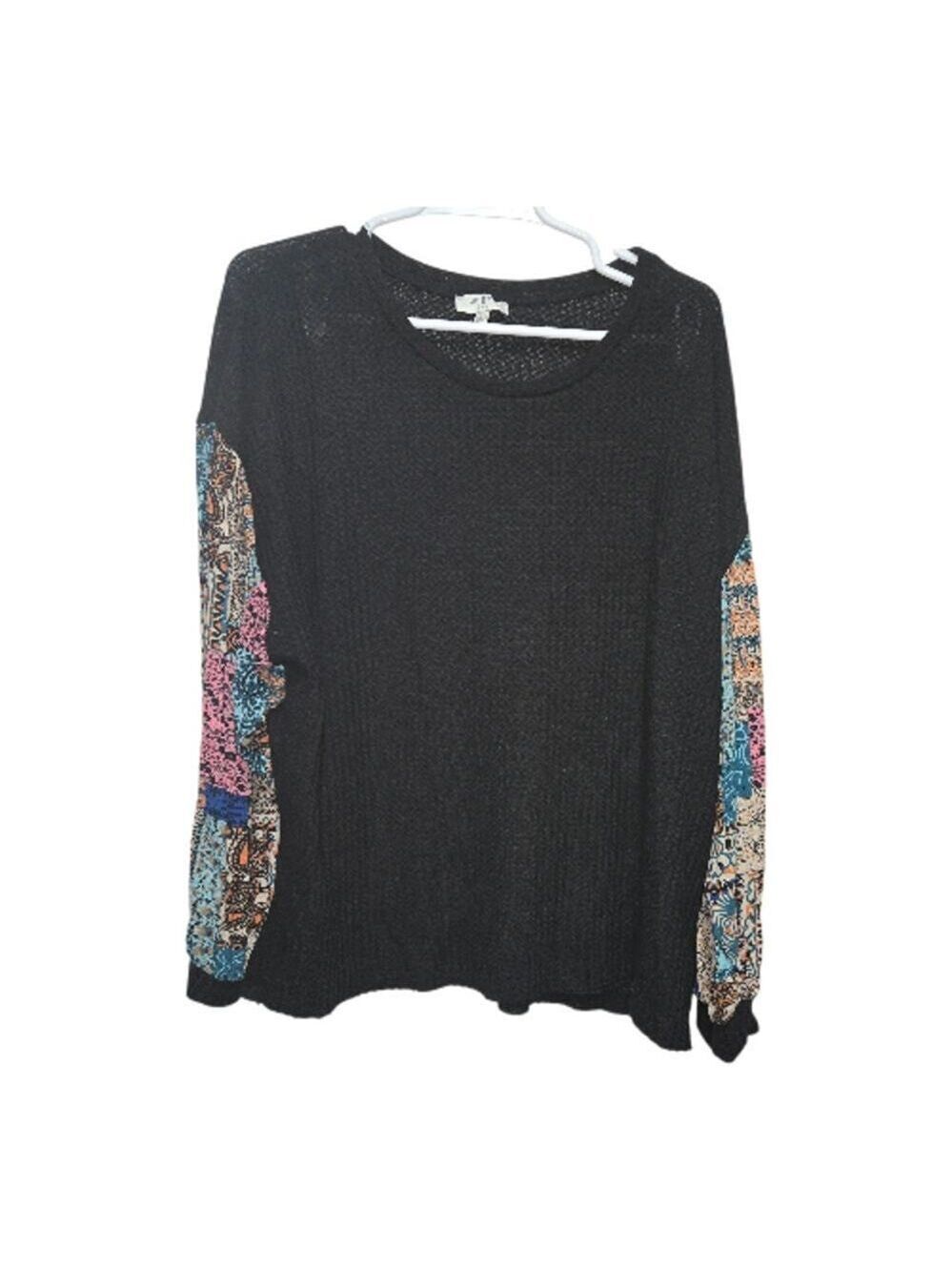 Umgee Mixed Print Sleeve Waffle Knit Top Large Boho